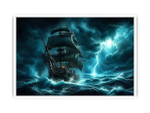 Sailing ship in stormy ocean with lightning dramatic cinematic luxury wall art