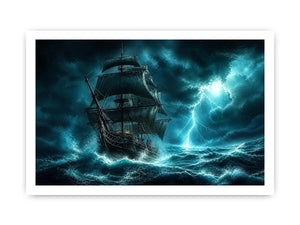 Sailing ship in stormy ocean with lightning dramatic cinematic luxury wall art