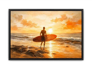 Abstract surfer beach sunset painting with warm orange tones modern coastal wall art canvas for living room decor