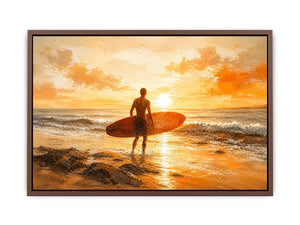 Abstract surfer beach sunset painting with warm orange tones modern coastal wall art canvas for living room decor