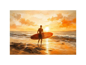 Abstract surfer beach sunset painting with warm orange tones modern coastal wall art canvas for living room decor