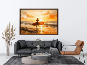 Abstract surfer beach sunset painting with warm orange tones modern coastal wall art canvas for living room decor