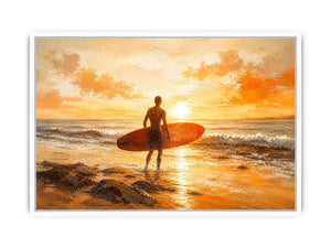 Abstract surfer beach sunset painting with warm orange tones modern coastal wall art canvas for living room decor