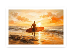 Abstract surfer beach sunset painting with warm orange tones modern coastal wall art canvas for living room decor