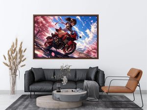 Anime biker girl riding red motorcycle with cherry blossoms modern vibrant wall art canvas for bedroom and gaming room decor