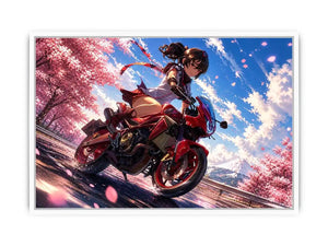 Anime biker girl riding red motorcycle with cherry blossoms modern vibrant wall art canvas for bedroom and gaming room decor