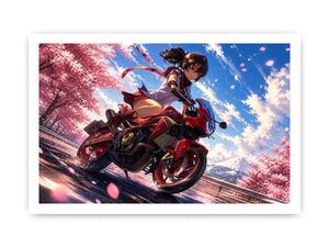 Anime biker girl riding red motorcycle with cherry blossoms modern vibrant wall art canvas for bedroom and gaming room decor