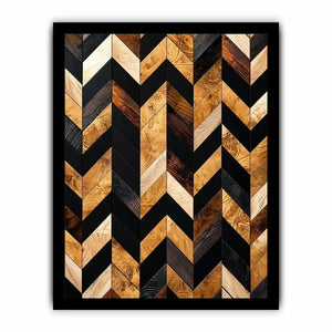 Modern geometric wood chevron pattern wall art with black and natural wood tones vertical canvas for living room and office decor