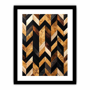 Modern geometric wood chevron pattern wall art with black and natural wood tones vertical canvas for living room and office decor