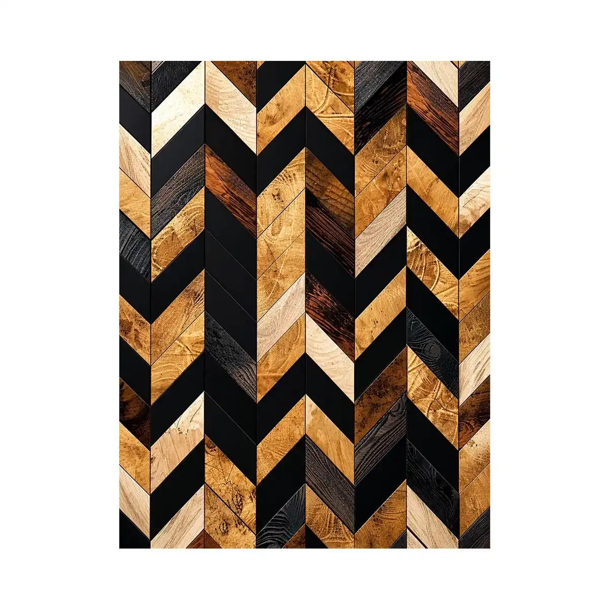 Modern geometric wood chevron pattern wall art with black and natural wood tones vertical canvas for living room and office decor
