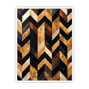 Modern geometric wood chevron pattern wall art with black and natural wood tones vertical canvas for living room and office decor