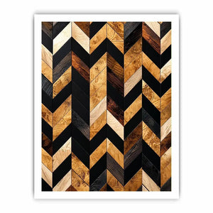 Modern geometric wood chevron pattern wall art with black and natural wood tones vertical canvas for living room and office decor
