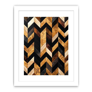 Modern geometric wood chevron pattern wall art with black and natural wood tones vertical canvas for living room and office decor