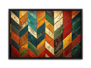 Colorful abstract chevron pattern wall art with textured paint in teal orange red tones modern canvas for living room decor