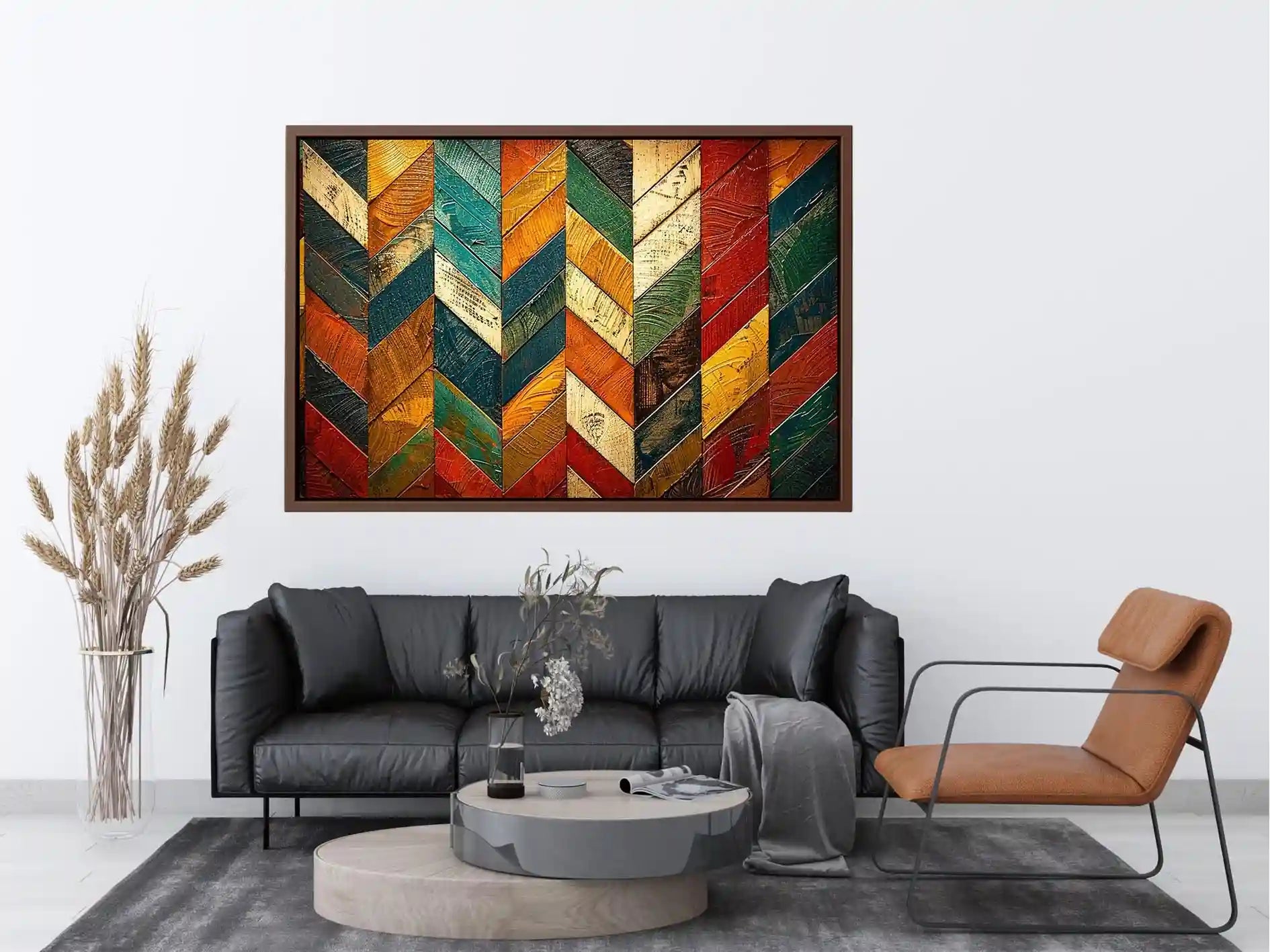 Colorful abstract chevron pattern wall art with textured paint in teal orange red tones modern canvas for living room decor