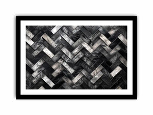 Black and white herringbone geometric pattern wall art with textured tiles modern canvas for living room and office decor