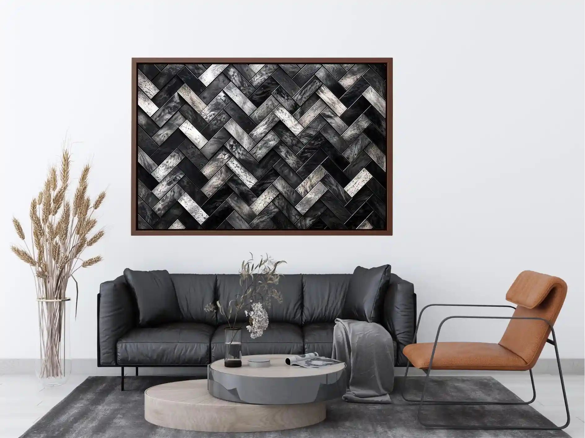 Black and white herringbone geometric pattern wall art with textured tiles modern canvas for living room and office decor