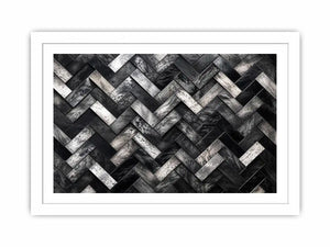 Black and white herringbone geometric pattern wall art with textured tiles modern canvas for living room and office decor