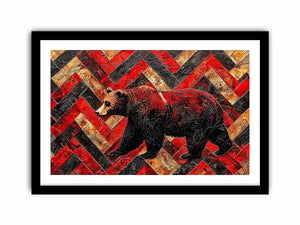 Red black bear abstract wall art with textured geometric pattern modern canvas for living room office decor