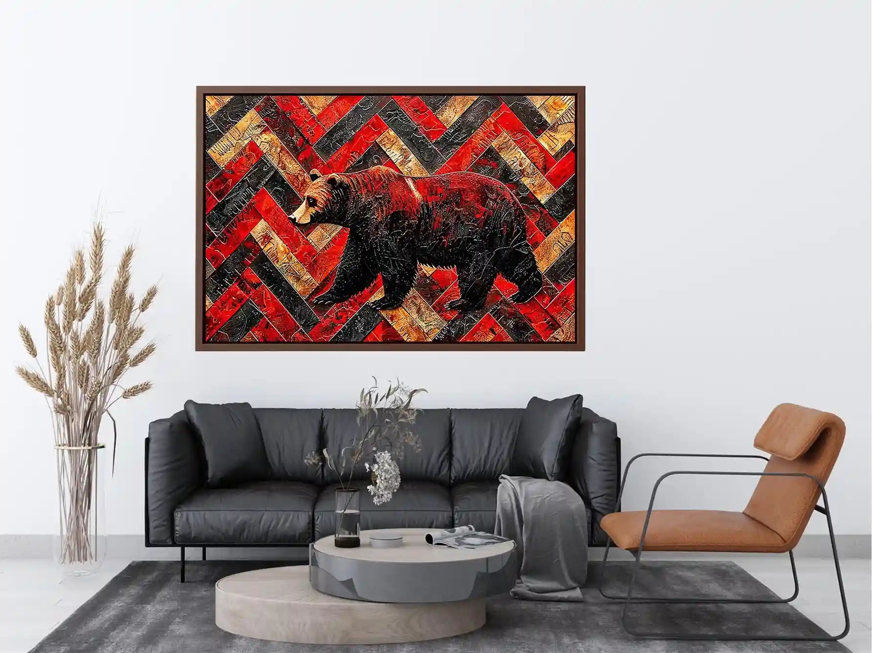 Red black bear abstract wall art with textured geometric pattern modern canvas for living room office decor