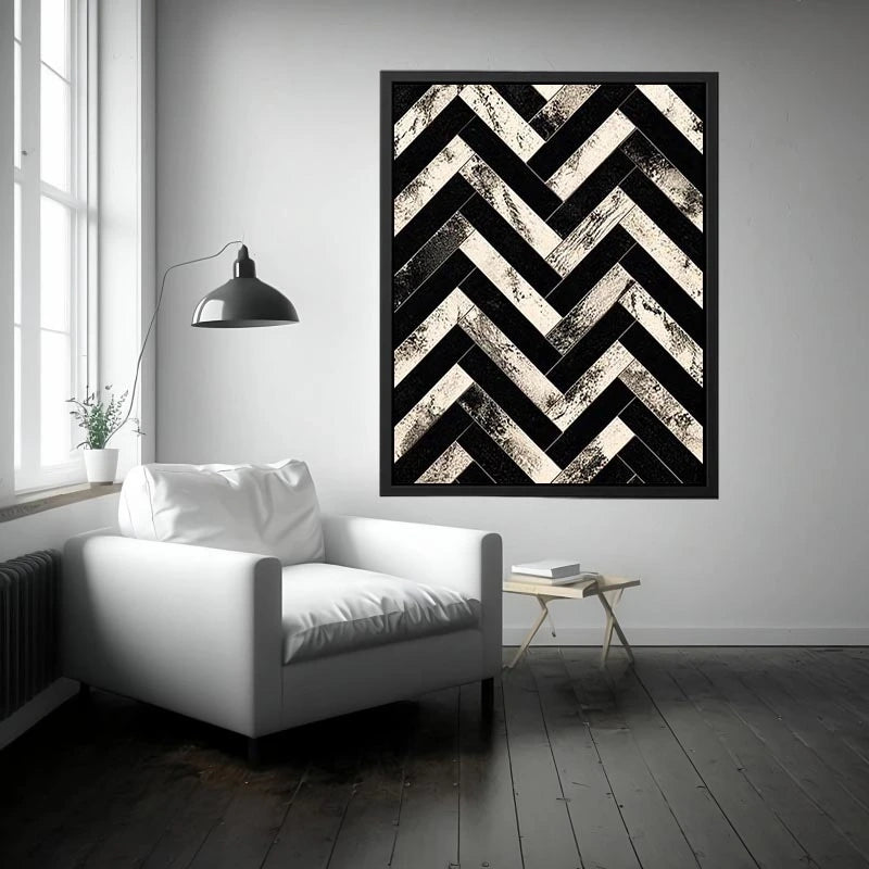 Black and white chevron geometric pattern wall art with textured design modern minimalist canvas for living room decor