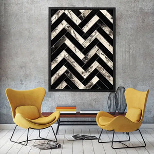 Black and white chevron geometric pattern wall art with textured design modern minimalist canvas for living room decor