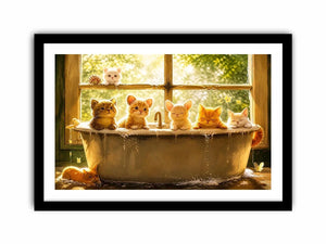 Cute kittens in bathtub with warm sunlight cozy nursery wall art illustration canvas for kids room decor
