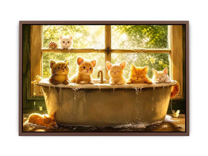 Cute kittens in bathtub with warm sunlight cozy nursery wall art illustration canvas for kids room decor