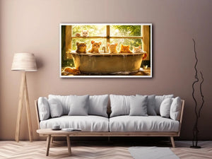 Cute kittens in bathtub with warm sunlight cozy nursery wall art illustration canvas for kids room decor
