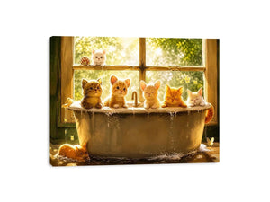 Cute kittens in bathtub with warm sunlight cozy nursery wall art illustration canvas for kids room decor
