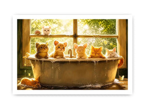 Cute kittens in bathtub with warm sunlight cozy nursery wall art illustration canvas for kids room decor