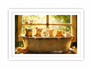 Cute kittens in bathtub with warm sunlight cozy nursery wall art illustration canvas for kids room decor