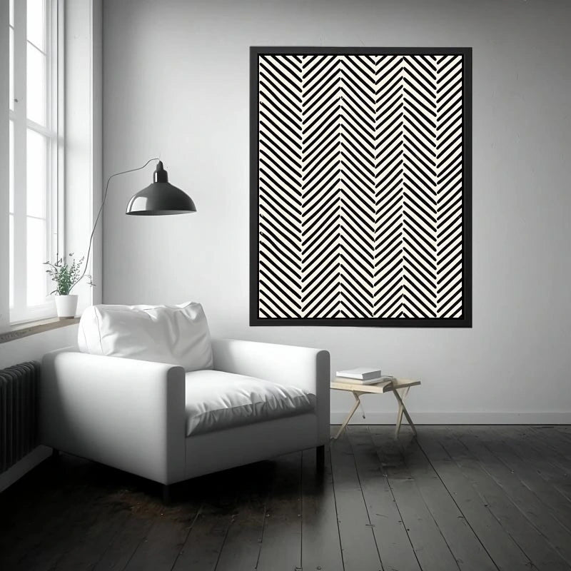 Black and white chevron line pattern minimalist wall art modern canvas for living room decor