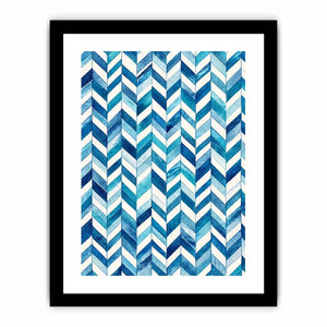 Blue and white chevron watercolor pattern wall art modern coastal canvas for bedroom living room decor
