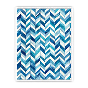 Blue and white chevron watercolor pattern wall art modern coastal canvas for bedroom living room decor