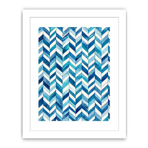 Blue and white chevron watercolor pattern wall art modern coastal canvas for bedroom living room decor