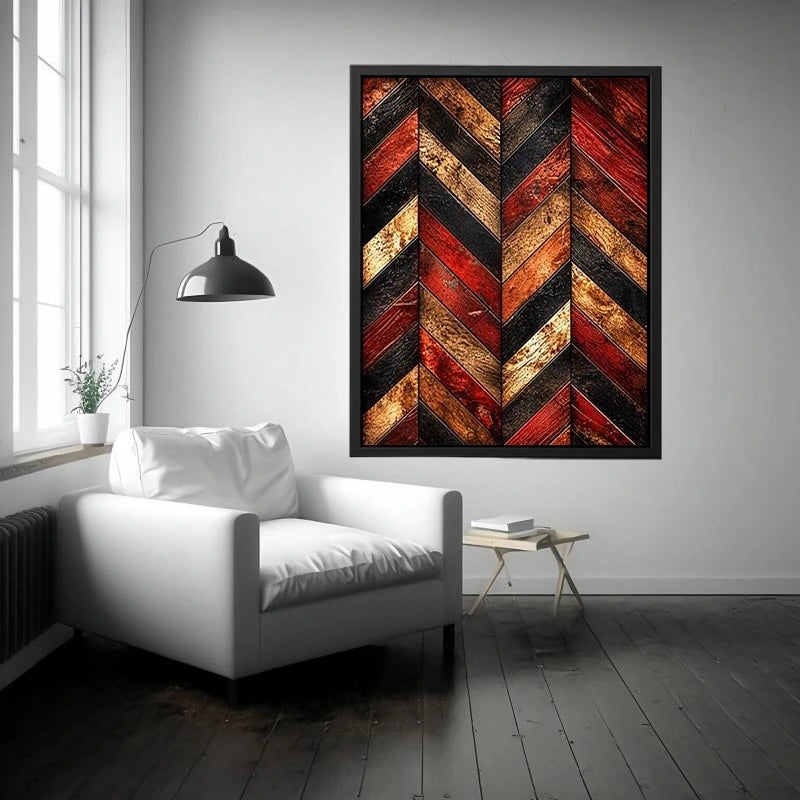 Rustic red wood chevron pattern wall art with distressed texture modern industrial canvas for living room decor