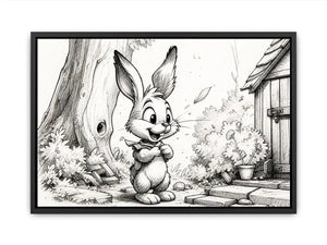 Cute bunny cartoon sketch wall art pencil drawing black and white nursery canvas for kids room decor