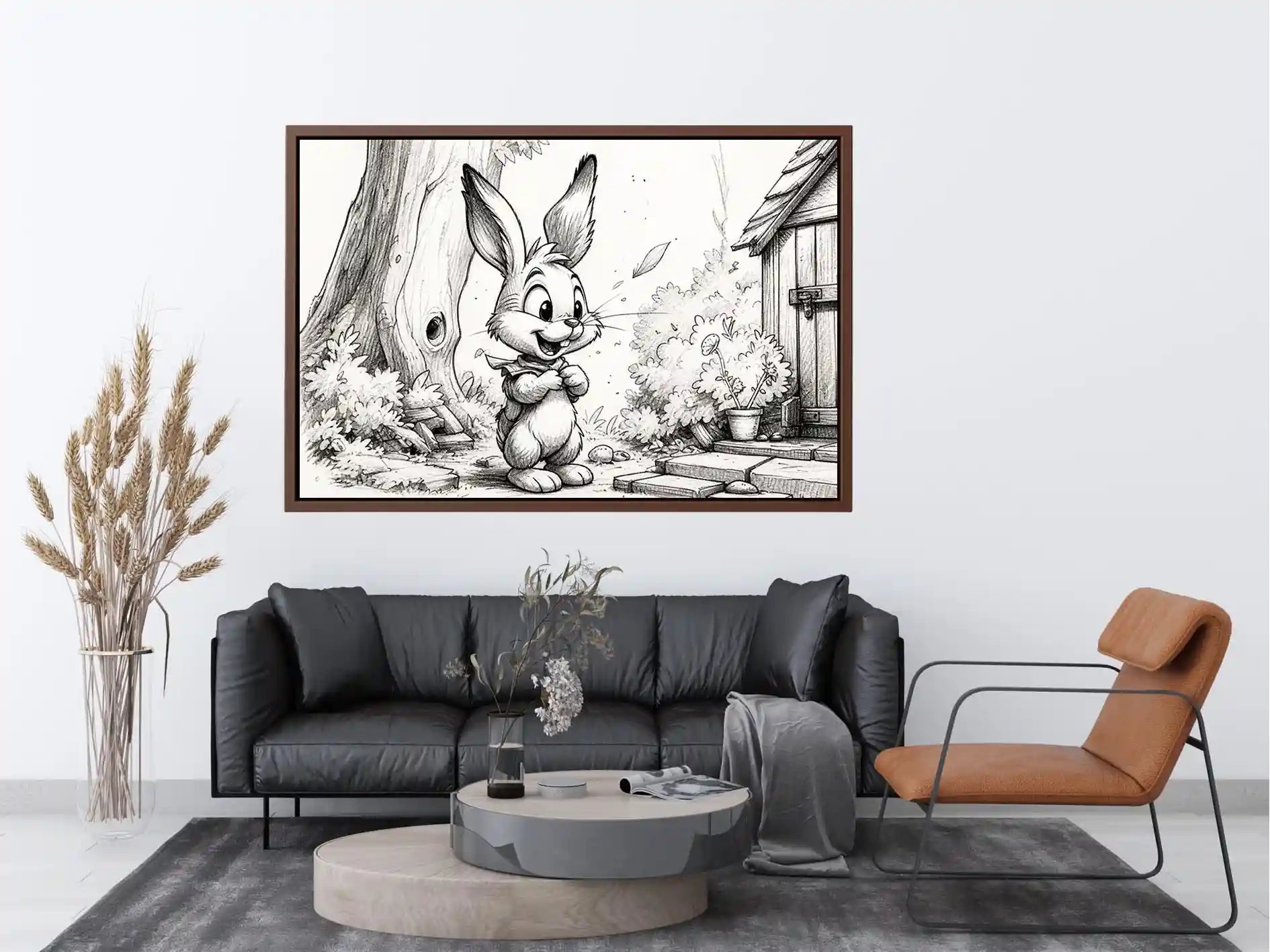 Cute bunny cartoon sketch wall art pencil drawing black and white nursery canvas for kids room decor