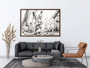 Cute bunny cartoon sketch wall art pencil drawing black and white nursery canvas for kids room decor