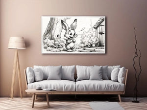 Cute bunny cartoon sketch wall art pencil drawing black and white nursery canvas for kids room decor