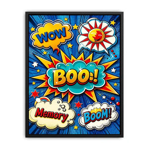 Pop art comic explosion wall art with BOOM text, vibrant colorful modern canvas artwork for living room decor