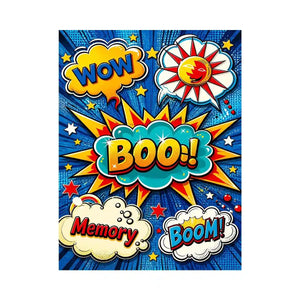 Pop art comic explosion wall art with BOOM text, vibrant colorful modern canvas artwork for living room decor
