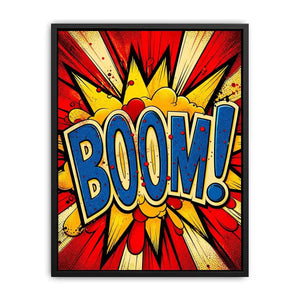 Pop art BOOM explosion wall art canvas with bold comic typography and vibrant colors for modern home decor