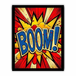 Pop art BOOM explosion wall art canvas with bold comic typography and vibrant colors for modern home decor