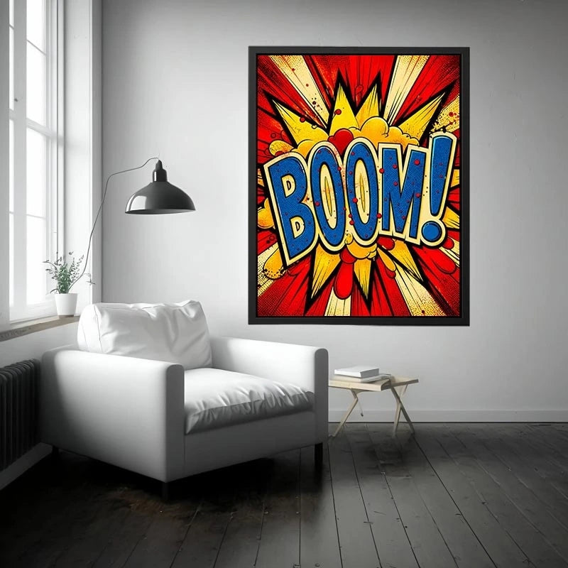 Pop art BOOM explosion wall art canvas with bold comic typography and vibrant colors for modern home decor
