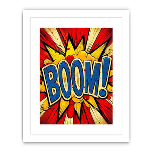 Pop art BOOM explosion wall art canvas with bold comic typography and vibrant colors for modern home decor