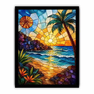 Stained glass beach sunset wall art with ocean waves palm tree and golden sky coastal modern canvas artwork