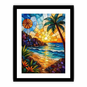 Stained glass beach sunset wall art with ocean waves palm tree and golden sky coastal modern canvas artwork