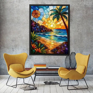Stained glass beach sunset wall art with ocean waves palm tree and golden sky coastal modern canvas artwork